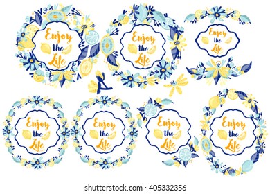 Amazing set of vector templates with floral frames and labels in fantastic colors.
