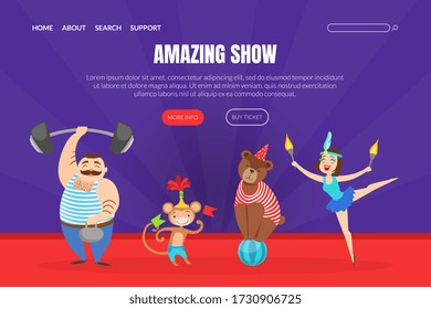 Amazing Show Landing Page Template, Circus Performance Web Page, Mobile App, Homepage Vector Illustration