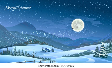 An amazing sight of Santa flying over a beautiful snowy landscape and the mesmerizing night sky