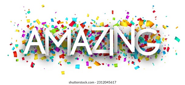 Amazing sign on colorful cut ribbon confetti background. Vector illustration.
