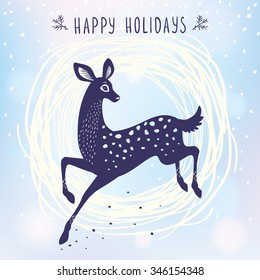 Amazing silhouette stylized deer doe in jumping. Cartoon fairy graceful deer. Amazing winter holiday card. Vector illustration