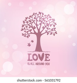 Amazing silhouette tree with hearts and text. Valentines Day. Vector illustration. Beautiful romantic pink background.