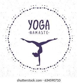 Amazing silhouette woman practicing yoga with sample text. Handstand. Vector illustration