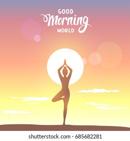 Amazing silhouette woman practicing yoga at sunrise. Asana tree. Practicing yoga. Vector illustration. Beautiful view.