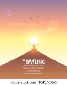 Amazing silhouette woman sit in Lotus pose and welcomes the sun. Practicing yoga. Vector illustration. Beautiful view at sunrise
