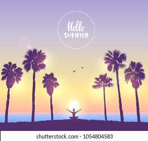 Amazing silhouette woman sit in Lotus pose and welcomes the sun. Practicing yoga. Vector illustration. Beautiful view on tropical beach with palm trees