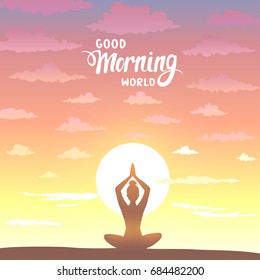 Amazing silhouette woman sit in Lotus pose and welcomes the sun. Practicing yoga. Vector illustration. Beautiful view at sunrise