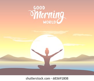 Amazing silhouette woman sitting in Lotus pose and welcomes the sun. Practicing yoga. Vector illustration. Beautiful view at sunrise