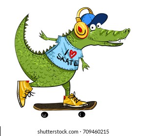 Amazing skateboarding alligator hand drawn image. Original colorful artwork, comic childish style drawing.