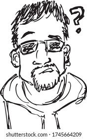 Amazing sketch-looking stylish drawing of surprised bearded young man with earring and a question behind his head