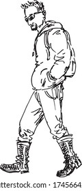 Amazing sketch-looking stylish drawing of walking bearded young man with backpack wearing hoodie and black boots