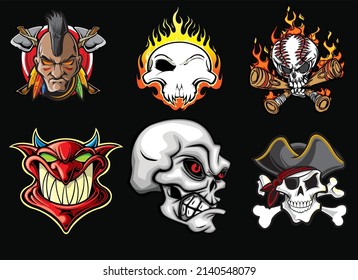 Amazing Skulls helmet in detailed Crossed Katana Swords Devil's Head Geometry Ornamental is an Illustration