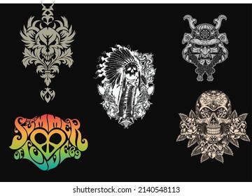 Amazing Skulls helmet in detailed Crossed Katana Swords Devil's Head Geometry Ornamental is an Illustration