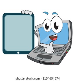 The amazing smart funny laptop character holding a tablet with blank empty screen pointing what you write or put on it indicating saying telling about product sales marketing services company
