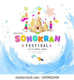 Amazing Songkran Festival Pagoda Sand Of Thailand Water Splash Background, Vector Illustration