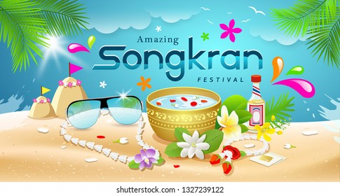 Amazing Songkran Festival summer of Thailand on sea background, vector illustration