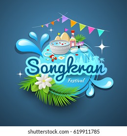 Amazing Songkran Festival Of Thailand, Logo Design Water Background, Vector Illustration