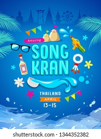 Amazing Songkran Thailand poster design blue background, vector illustration Amazing Songkran Thailand poster design blue background, vector illustration