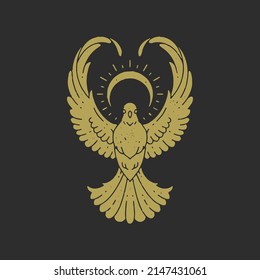 Amazing spiritual bird with raised wings under half moon and rays decorative design grunge texture vector illustration. Esoteric symbol of freedom, revival, regeneration, magic power energy on black