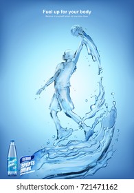 Amazing sports drink ads, liquid basketball athlete jumping up and dunking a ball with splashing liquid and drink bottle in 3d illustration