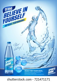 Amazing sports drink ads, liquid basketball athlete jumping up and dunking a ball with splashing liquid and drink bottle in 3d illustration