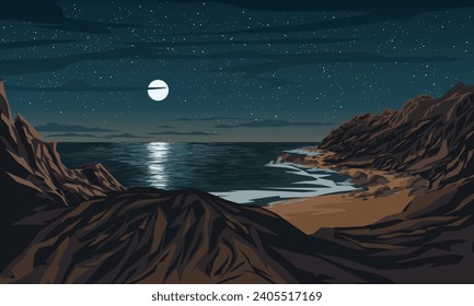 Amazing starry night at beach with rocks and full moon