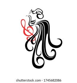 Amazing stylized firebird is sitting on the treble clef and singing