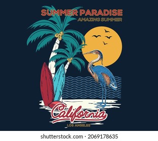 Amazing summer paradise vector  print design. California beach text with bird and sun illustrations. For t-shirt prints and other uses.