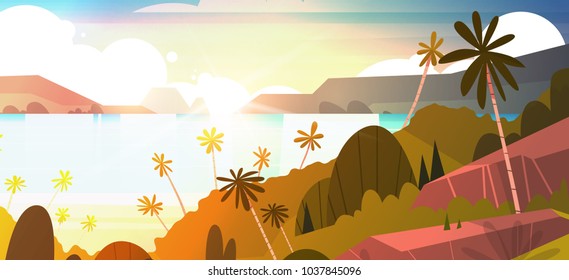 Amazing Sunset On Seaside Horizontal Banner, Tropical Landscape Summer Beach With Palm Tree Exotic Resort Poster Flat Vector Illustration