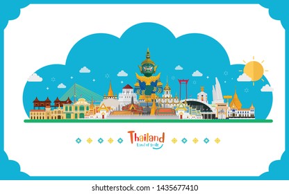 Amazing Thailand with attractions, landmarks background. Vector illustration