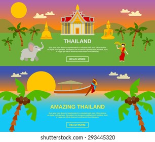 Amazing Thailand traveling horizontal banners set with mountains and sea flat isolated vector illustration 