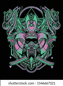 amazing tiger sabertooth Samurai Mask cross katana with sacred Geometry Style for t shirt , poster ,stiker design