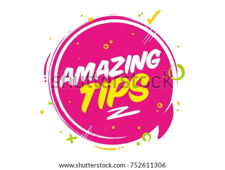 Amazing Tips Vector Pink Bubble Isolated on White. Rounded Icon with Typography and Geometric Elements for Post or Article about Interesting Facts or Life Hacks. Label for Blog, Social Media.