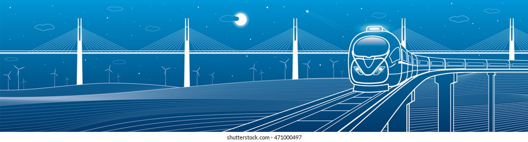 Amazing transportation and technology panoramic. Train goes over the railway on the background of cable-stayed bridge and wind turbines, vector design art