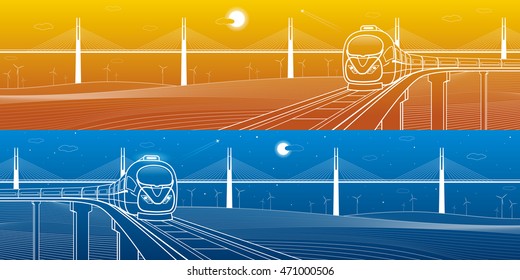 Amazing transportation and technology panoramic. Train goes over the railway on the background of cable-stayed bridge and wind turbines, vector design art, day and night