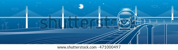 Amazing transportation and technology\
panoramic. Train goes over the railway on the background of\
cable-stayed bridge and wind turbines, vector design\
art