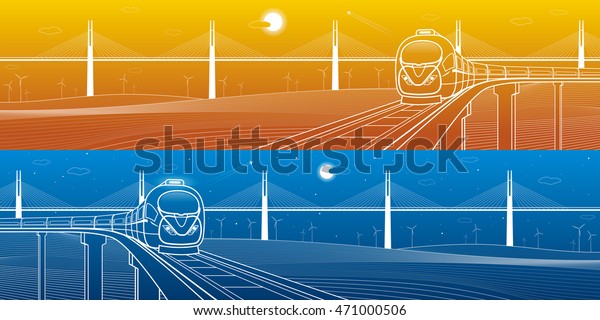 Amazing transportation\
and technology panoramic. Train goes over the railway on the\
background of cable-stayed bridge and wind turbines, vector design\
art, day and night