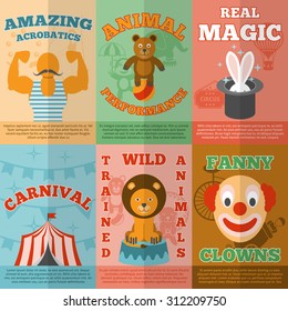 Amazing traveling circus magic performance announcement flat icons composition banner with funny clown abstract vector isolated illustration