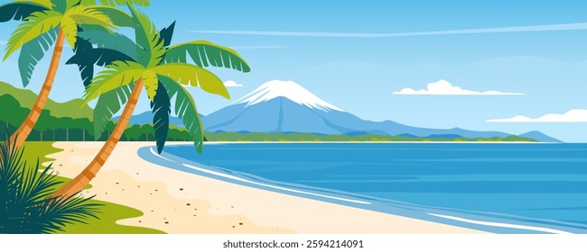 Amazing tropical beach on the ocean with views of beautiful mountains and palm trees. Palm trees on a paradise beach. Tropical island for relaxation. Beach shore.