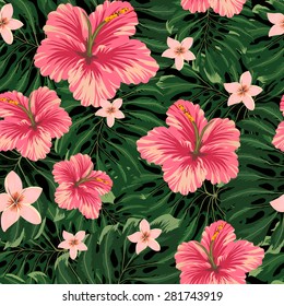 Amazing tropical flower vector seamless texture. Pink flowers on greean leavs. Floral seamless pettern