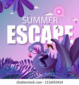Amazing tropical forest design border frame template. Summer fantasy travel illustration.