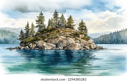 Amazing tropical island with palm trees, rocks from the sea, Maldivian atoll in ocean, panorama, watercolor illustration