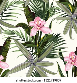 Amazing tropical orchid flowers pattern. Seamless design with botanical elements, palm leaves. Light yellow background.