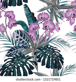 Amazing tropical pink orchid flowers pattern. Seamless design with botanical elements, palm monstera leaves. White background. Vintage blue colors.