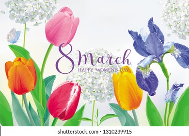 Amazing Tulips and spring flowers for 8 March. Floral vector greeting card in watercolor style with lettering design for 8 March, wedding, Valentine's Day,  Mother's Day, sales and other events.