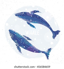 Amazing two grunge whales. Vector illustration