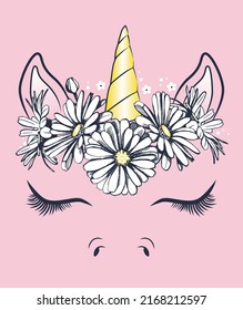 Amazing unicorn horn with Chamomile flowers. Vector illustration.