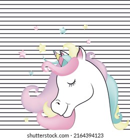 Amazing unicorn with rainbow mane on striped background. Vector illustration.