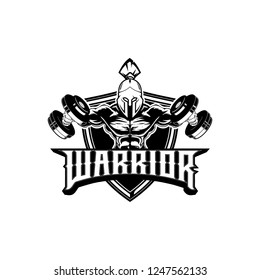Amazing and unique black and white warrior spartan bodybuilding with dumbbell vector badge logo template