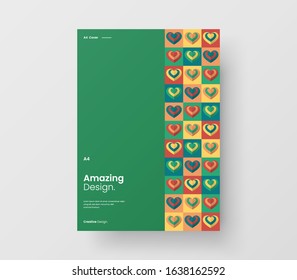 Amazing Valentine's day vector A4 vertical orientation front page mock up. Abstract cover with heart illustration design layout. Holiday greeting card simple creative brochure template background.